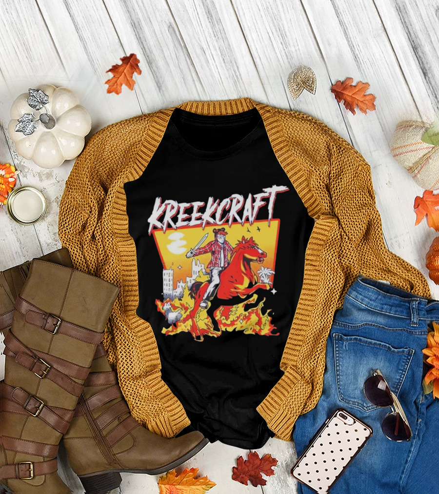 Kreekcraft Warrior Riding Fiery Horse in Urban Landscape T-Shirt