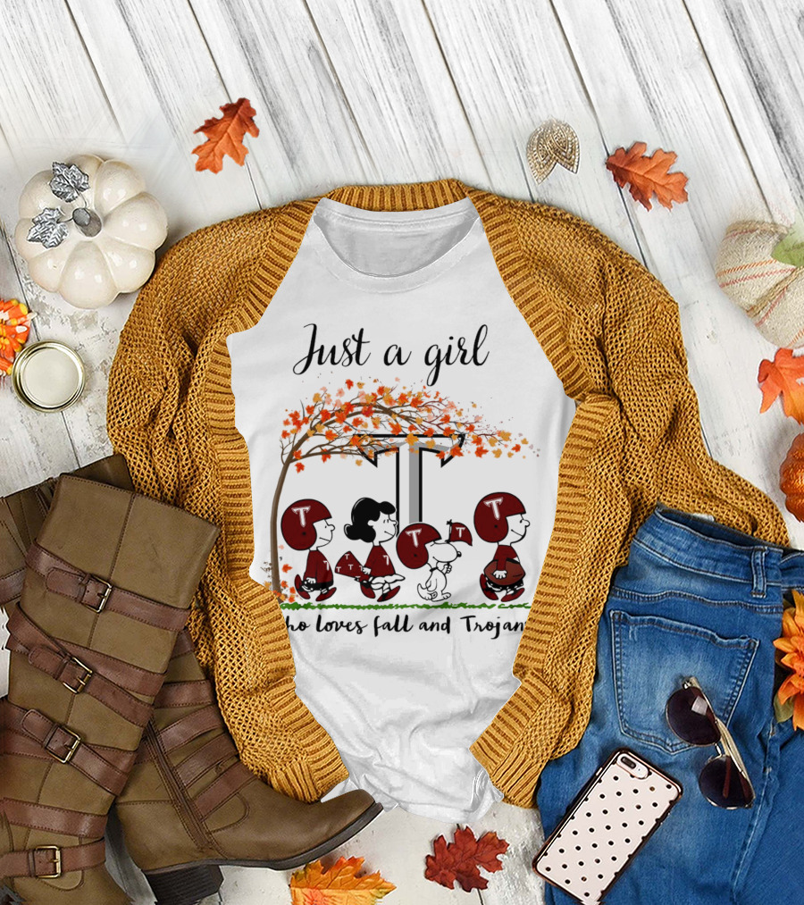 Just A Girl Who Loves Fall and Trojans Peanuts Cartoon T-Shirt