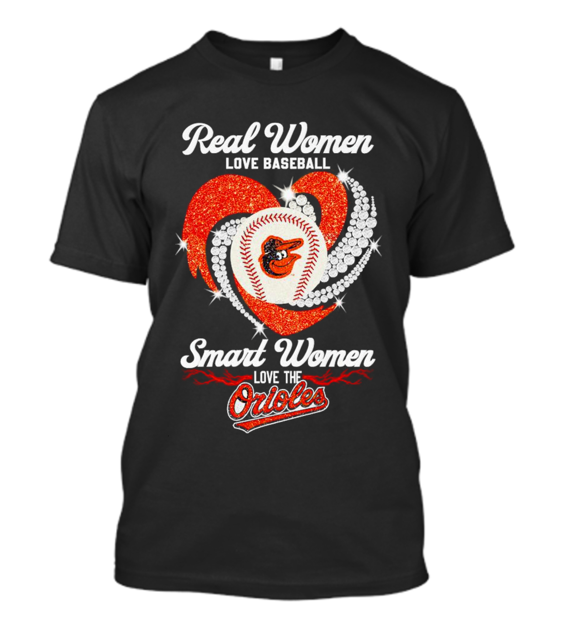 Real Women Love Baseball Smart Women Love The Baltimore Orioles Heart Baseball T-Shirt