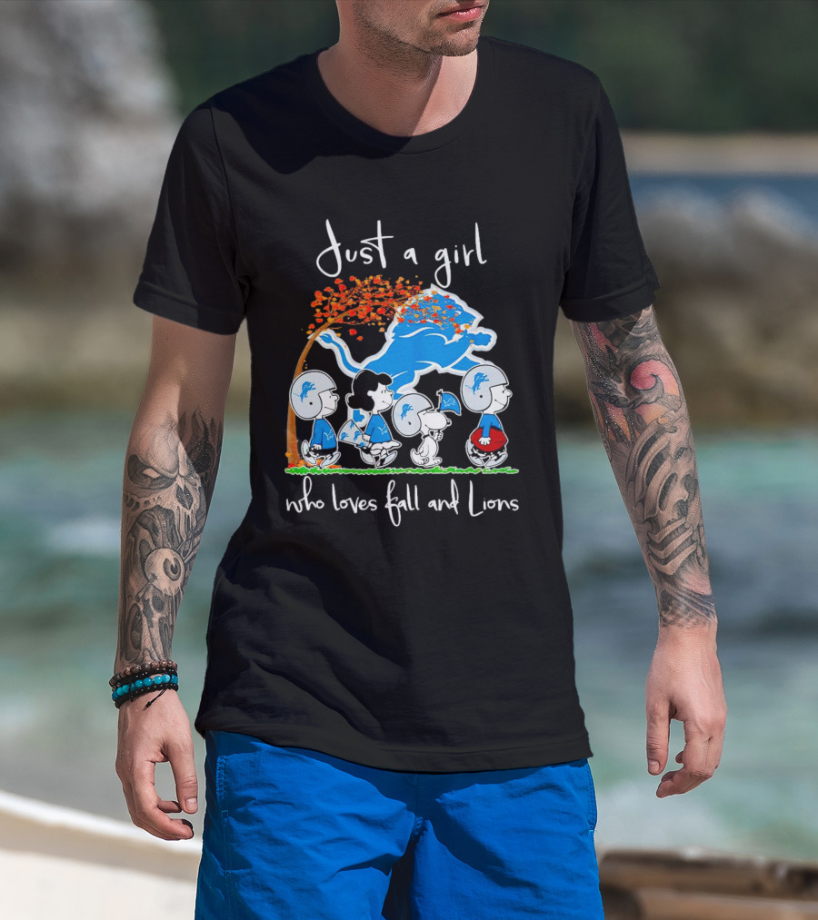 Snoopy Peanuts Just A Girl Who Loves Fall And Detroit Lions Football T-Shirt
