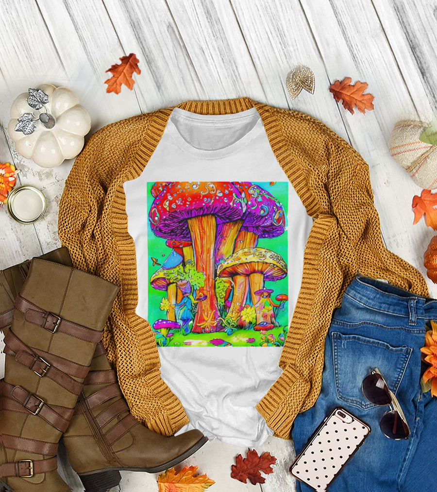 Multi Color Psychedelic Forest Mushrooms Fantasy T-Shirt