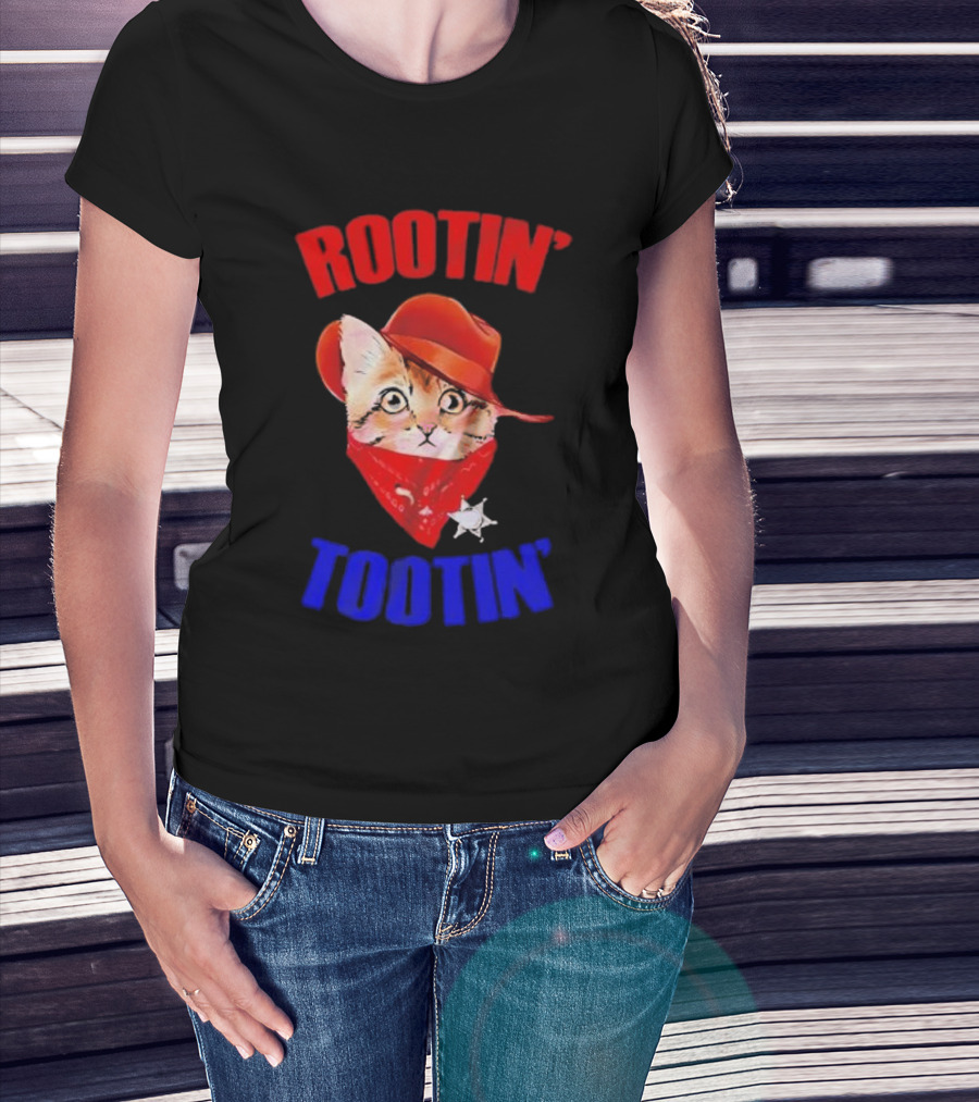 Rootin Tootin Cat Cowboy Vintage Red Hat And Bandana With Sheriff Star T-Shirt