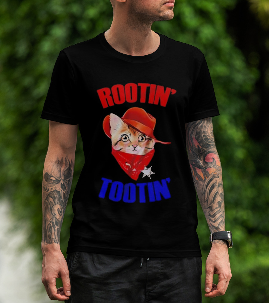 Rootin Tootin Cat Cowboy Vintage Red Hat And Bandana With Sheriff Star T-Shirt