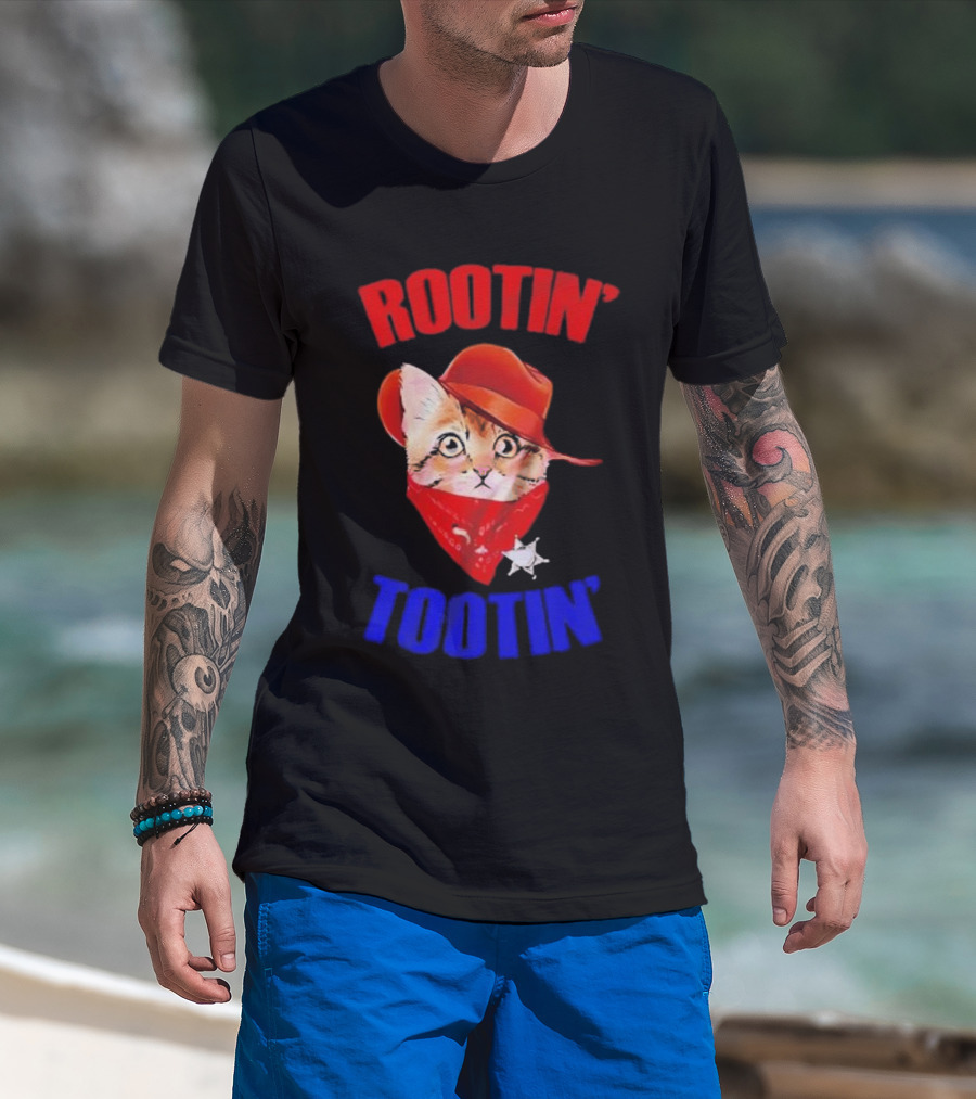 Rootin Tootin Cat Cowboy Vintage Red Hat And Bandana With Sheriff Star T-Shirt