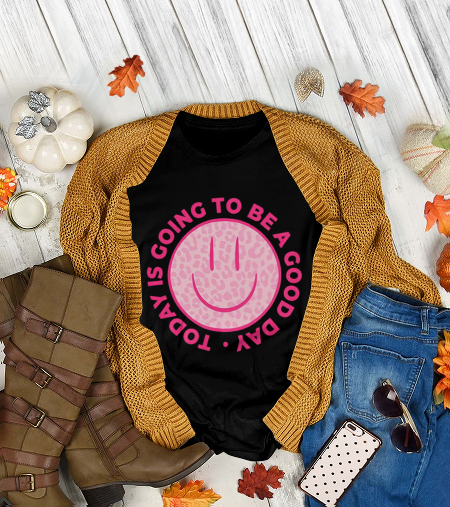 Preppy Pink Leopard Smiley Face Today Is Going To Be A Good Day T-Shirt