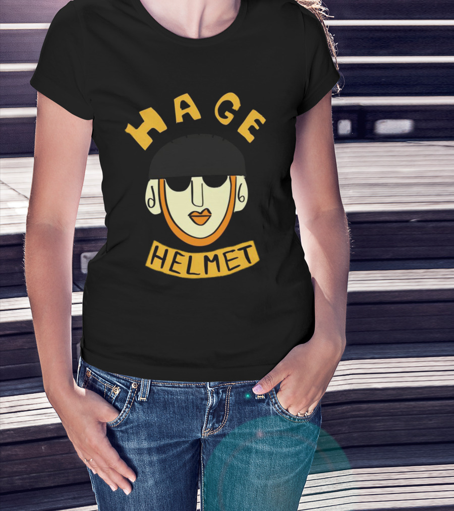 HAGE Helmet Face Black Cap Bold Lettering T-Shirt