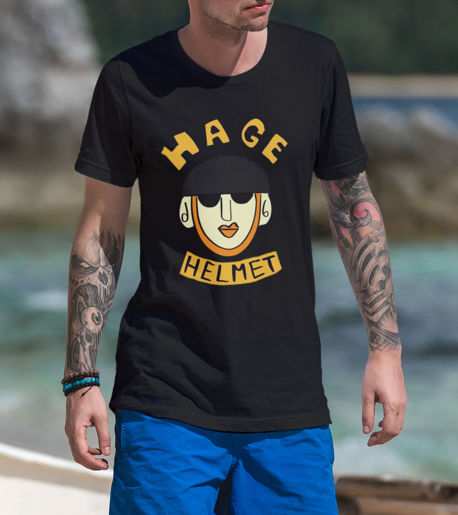 HAGE Helmet Face Black Cap Bold Lettering T-Shirt
