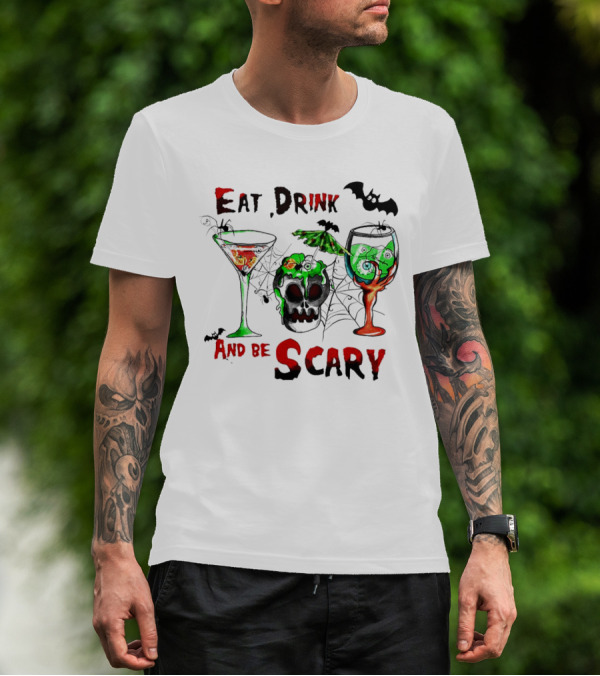 Hocus Pocus Eat Drink And Be Scary Halloween Skull And Bat Cocktails T-Shirt