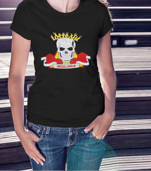 Lost Soul Skull With Flaming Text And Red Roses Troublemaker T-Shirt