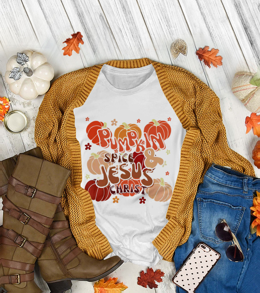 Pumpkin Spice and Jesus Christ Surrounded by Autumn Pumpkins T-Shirt
