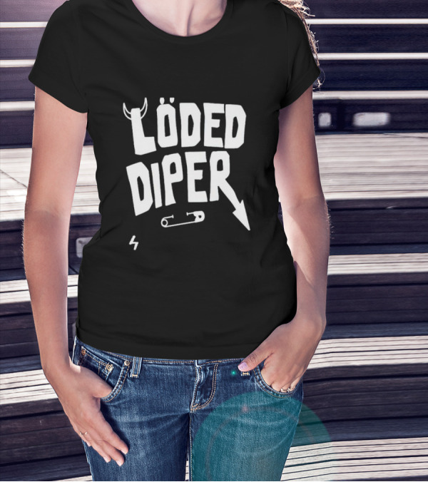 Löded Diper Band Logo With Horns, Arrow, Safety Pin, And Lightning Bolt T-Shirt