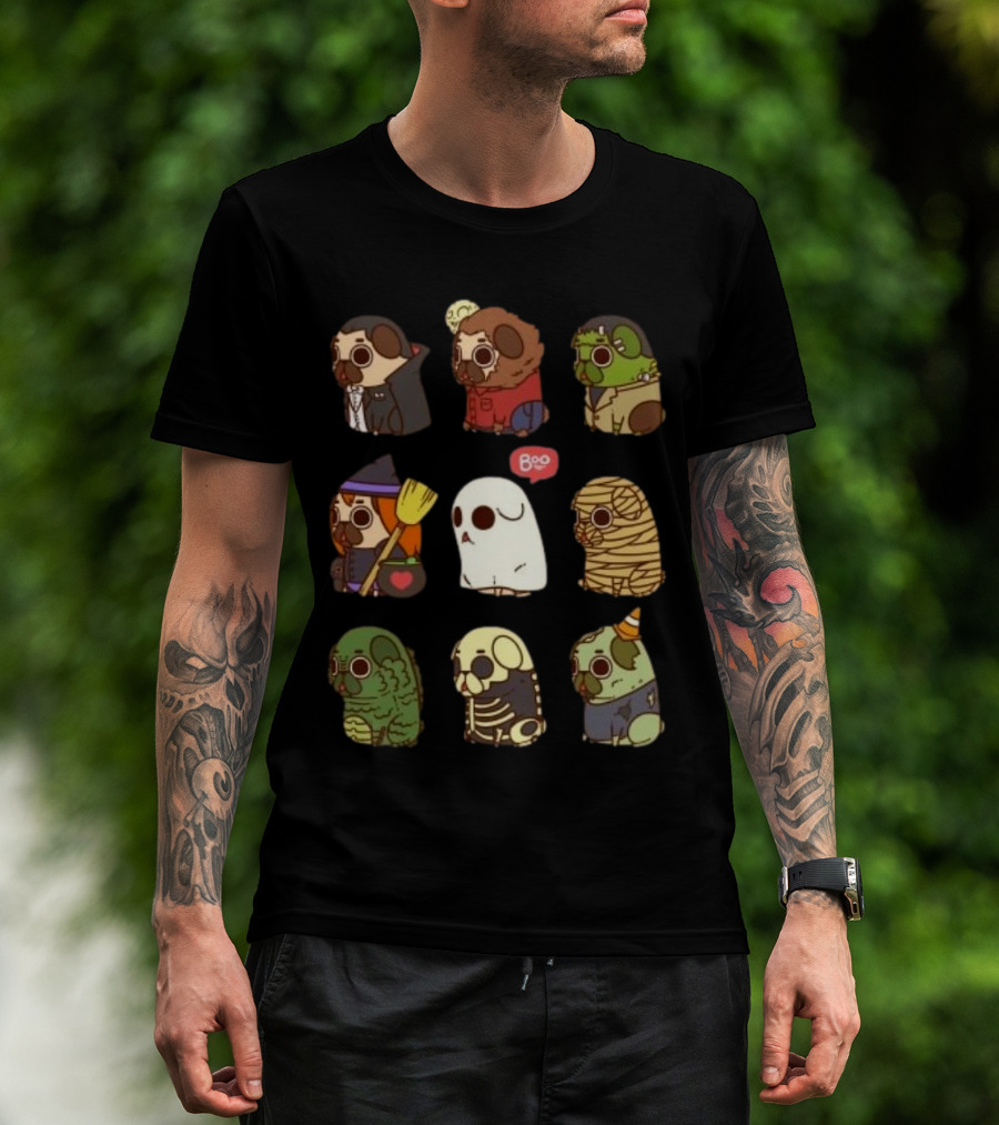 Halloween Puglie Vampire Werewolf Zombie Witch Ghost Mummy Creature Skeleton Clown T-Shirt