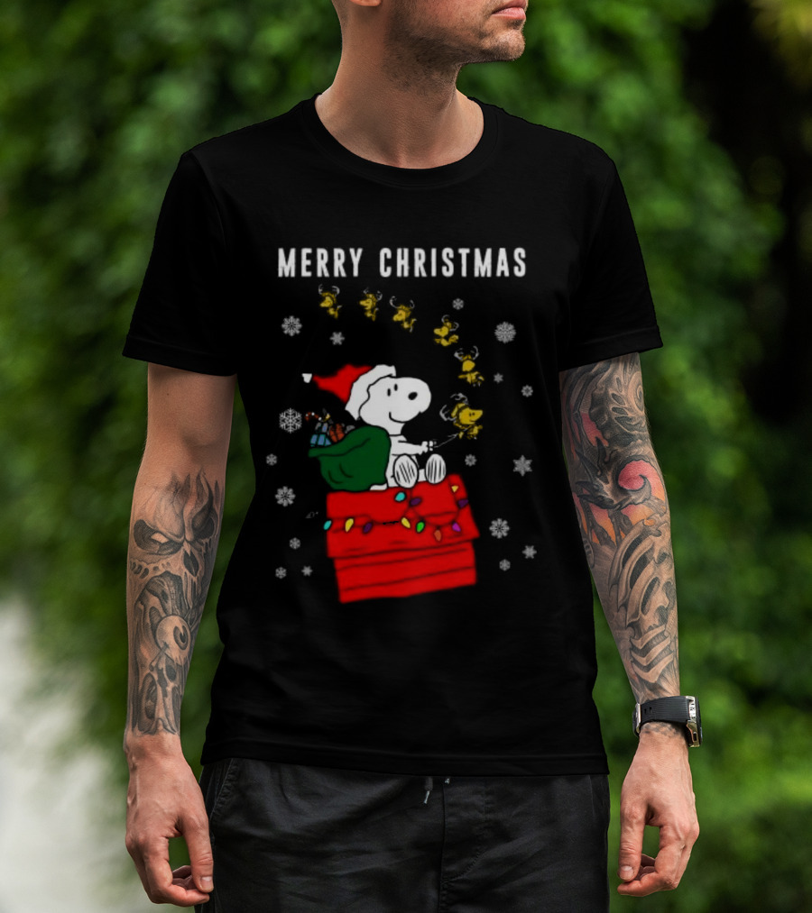Merry Christmas Snoopy Santa On Doghouse With Reindeer And Snowflakes T-Shirt