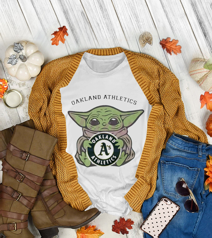 Oakland Athletics Baby Yoda Holding Team Emblem T-Shirt