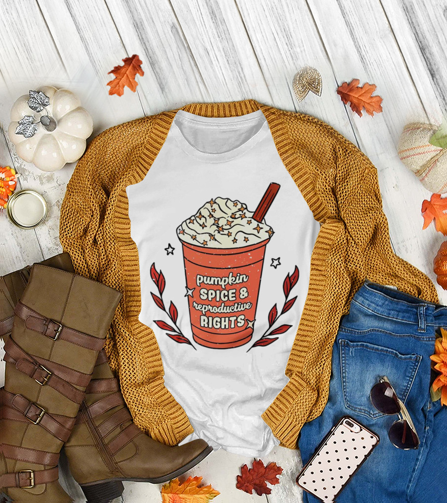 Pumpkin Spice and Reproductive Rights Cream Topped Autumn Coffee Cup with Stars and Red Leaves T-Shirt