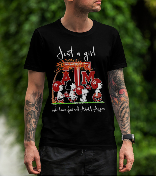 Just A Girl Who Loves Fall And Texas A&M Aggies With Peanuts Characters T-Shirt