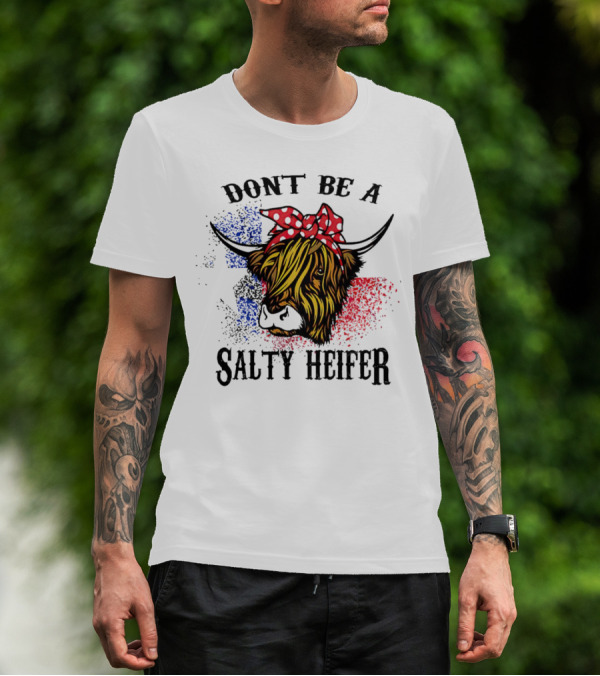 Don't Be A Salty Heifer Highland Cow With American Flag Colors T-Shirt