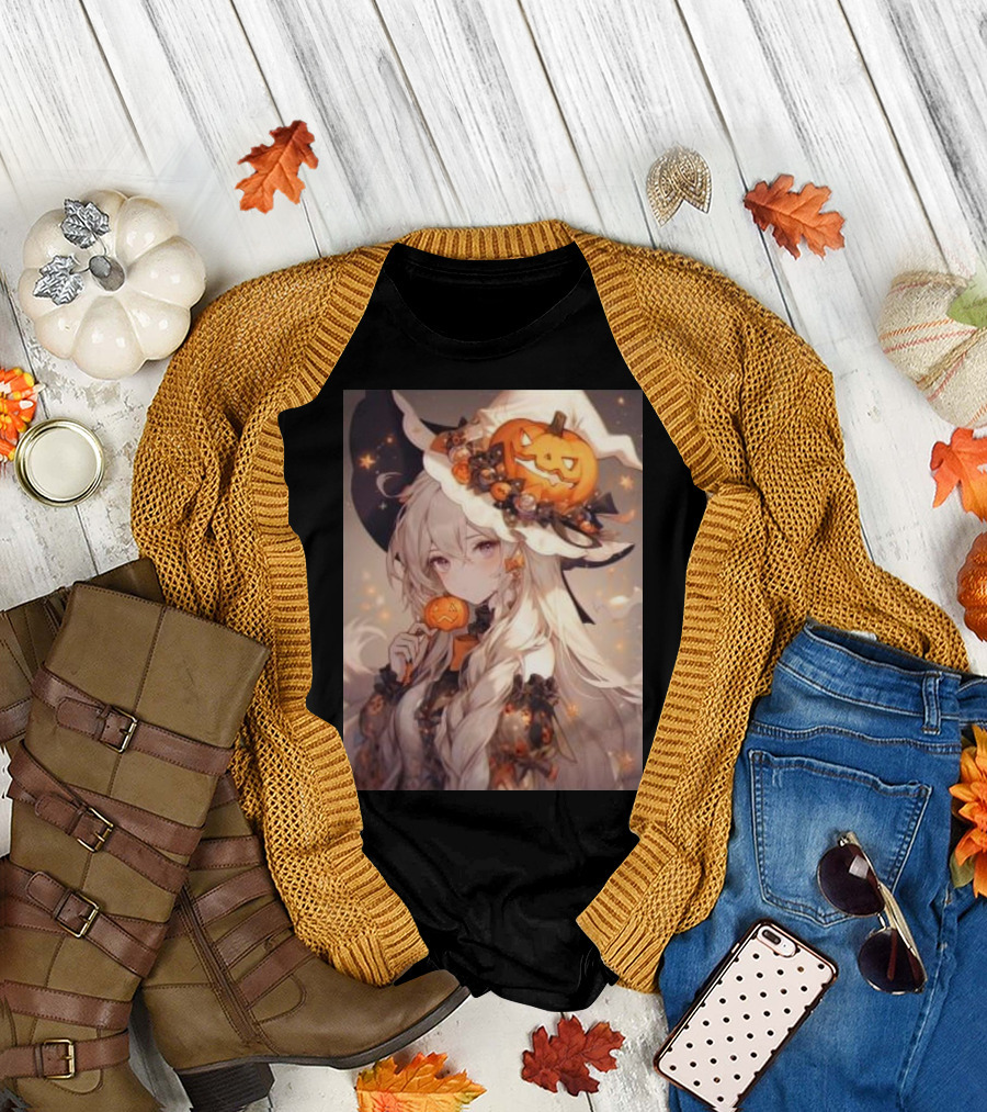 Witch Girl with Pumpkin Hat and Halloween Candy T-Shirt