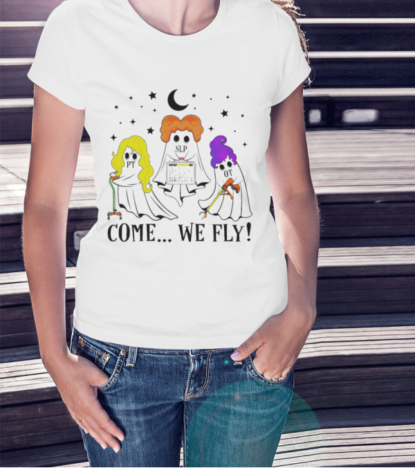 Hocus Pocus Come We Fly PT SLP OT Halloween Ghosts Black Cloaks Moon Stars T-Shirt