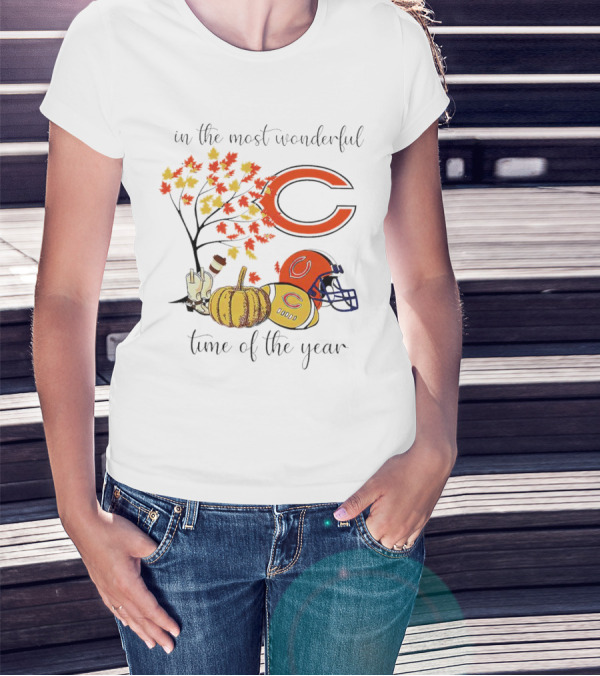In The Most Wonderful Time Of The Year Chicago Bears Thanksgiving Helmets And Autumn Leaves T-Shirt