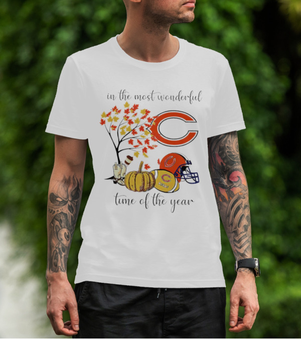 In The Most Wonderful Time Of The Year Chicago Bears Thanksgiving Helmets And Autumn Leaves T-Shirt