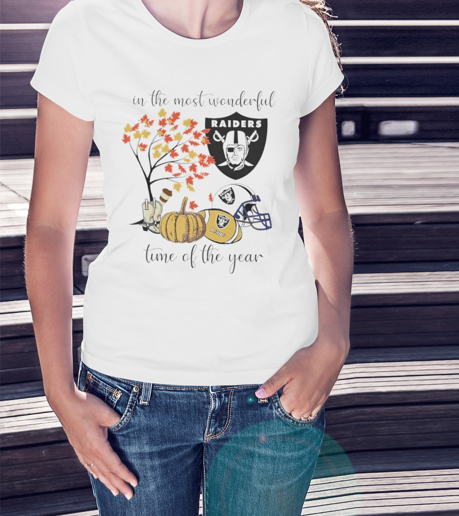In The Most Wonderful Time Of The Year Raiders Football Thanksgiving Celebration With Autumn Leaves And Pumpkin T-Shirt