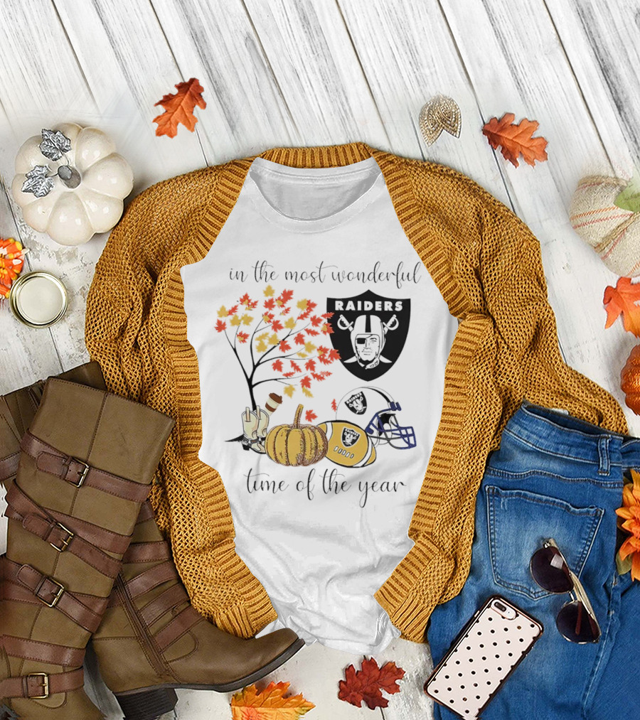 In the Most Wonderful Time of the Year Raiders Football Thanksgiving Celebration with Autumn Leaves and Pumpkin T-Shirt