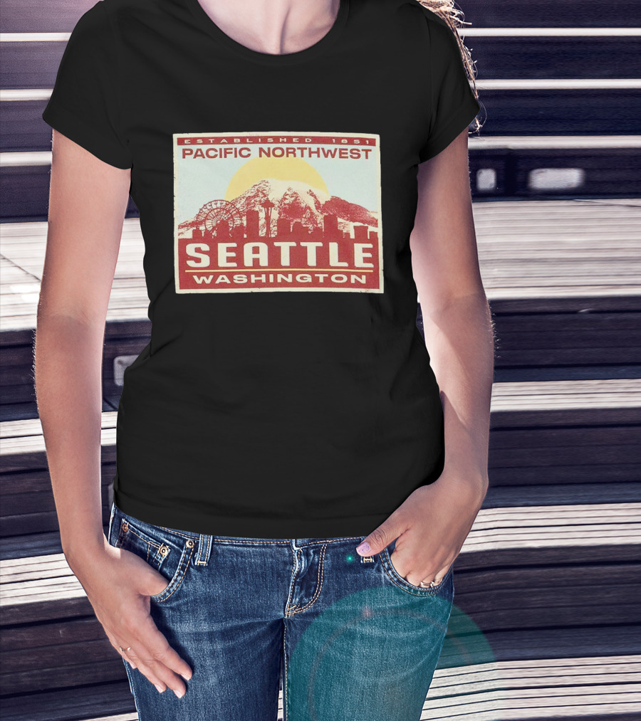 Seattle Pacific Northwest Established 1851 Washington Skyline Ferris Wheel Sun Mountain T-Shirt