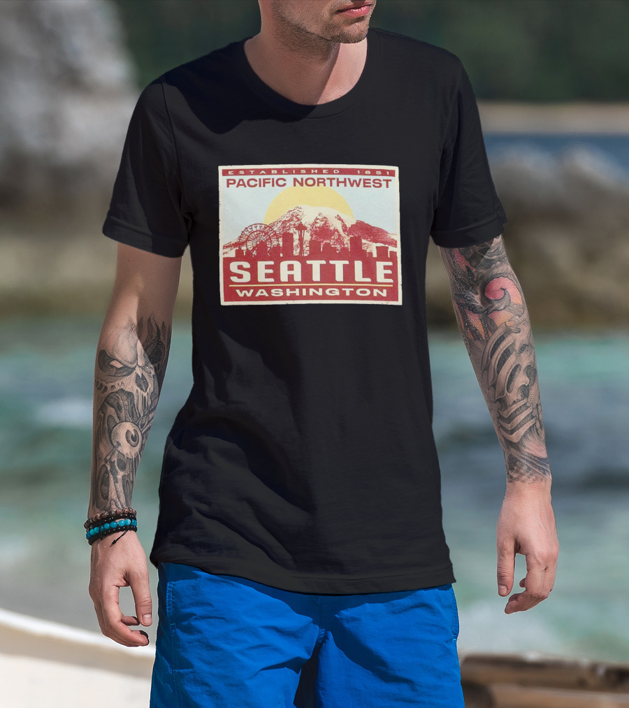 Seattle Pacific Northwest Established 1851 Washington Skyline Ferris Wheel Sun Mountain T-Shirt