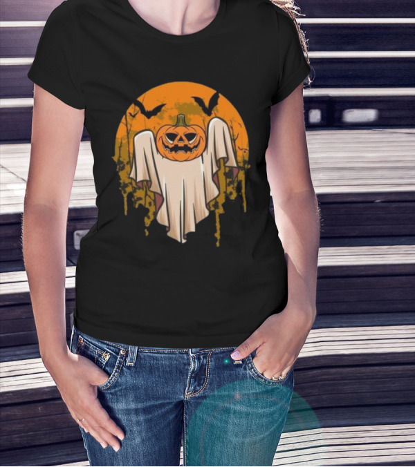 Ghostly Pumpkin Head With Bats And Full Moon T-Shirt