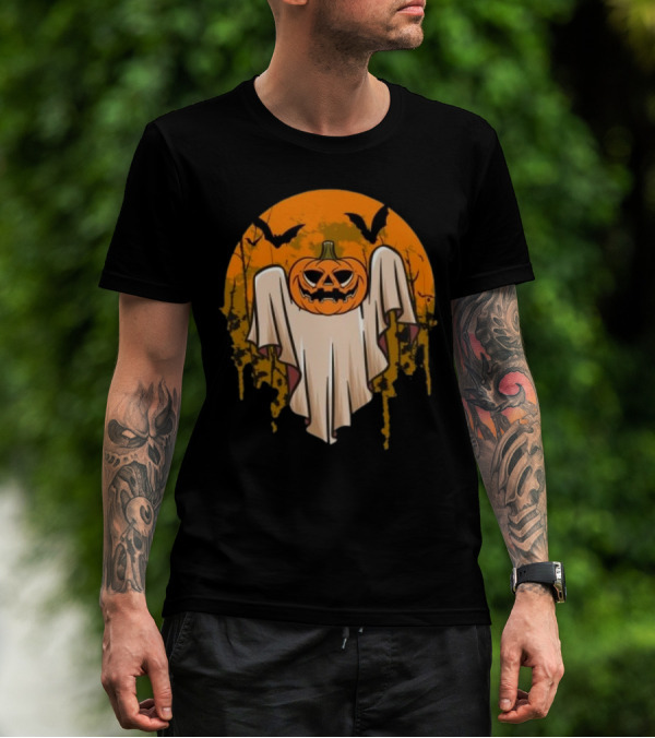 Ghostly Pumpkin Head With Bats And Full Moon T-Shirt
