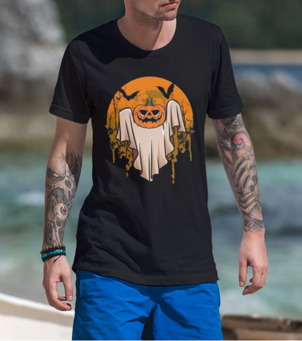 Ghostly Pumpkin Head With Bats And Full Moon T-Shirt