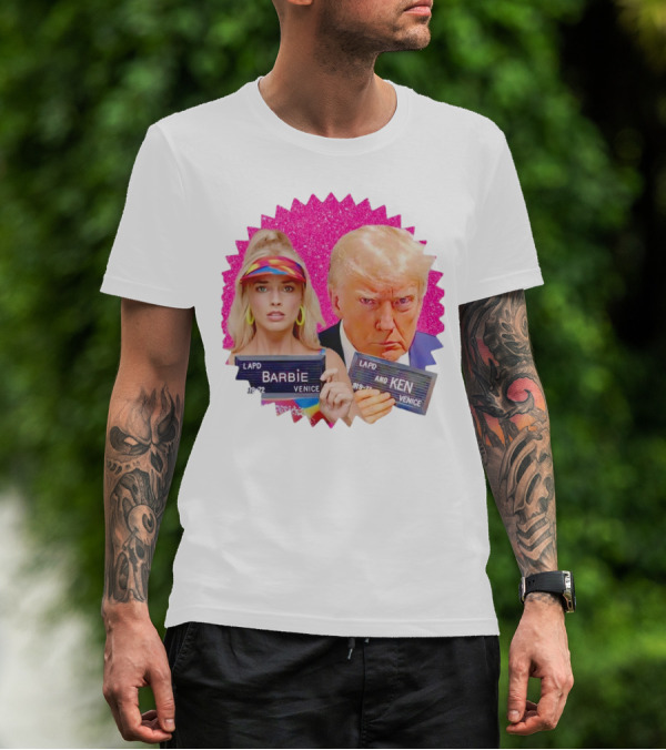 LAPD Barbie Ken Mugshot Venice Glam Glitter Background T-Shirt