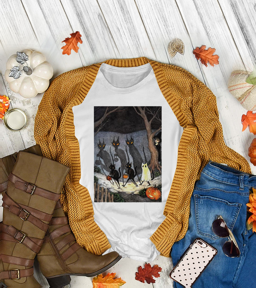 Halloween Black Cats Ghost Pumpkins Night Scene T-Shirt