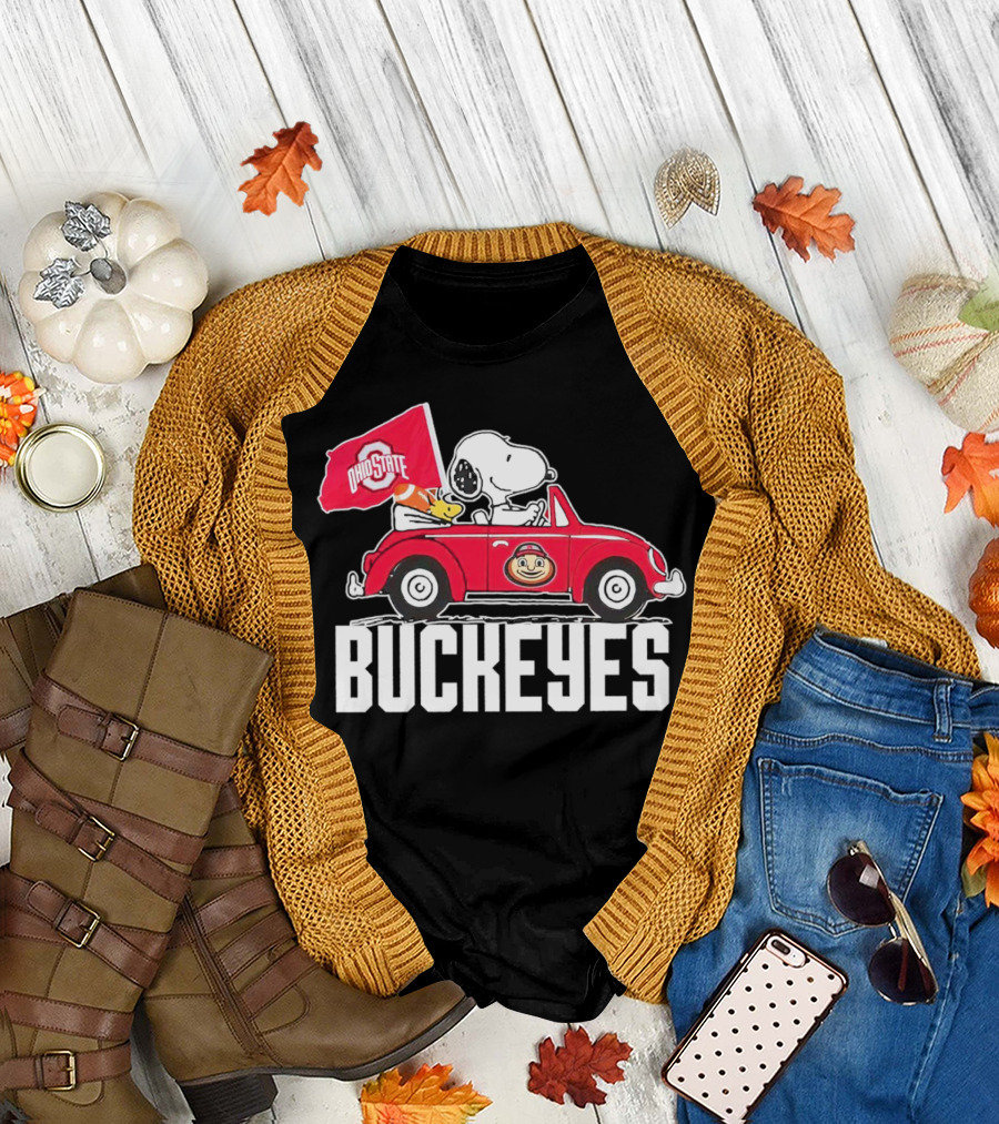 Snoopy and Woodstock Driving Red Car with Ohio State Buckeyes Flag T-Shirt