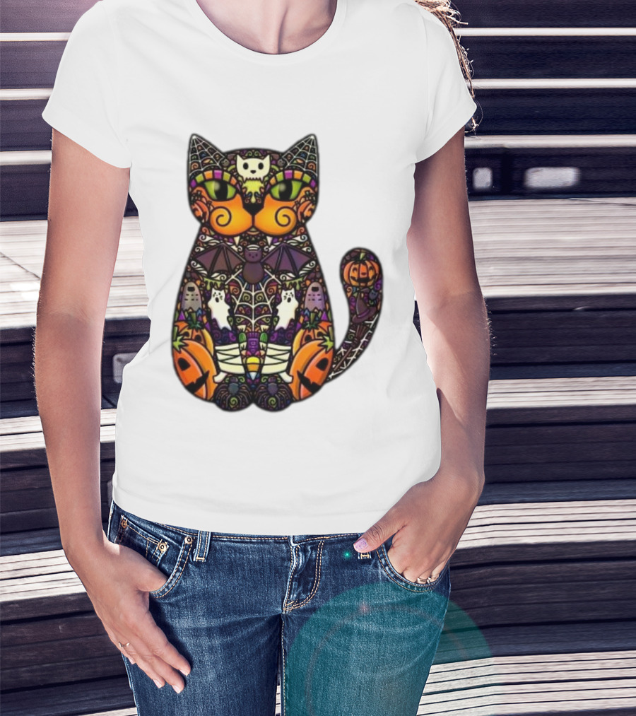 Halloween Cat With Pumpkins Ghosts And Bats T-Shirt