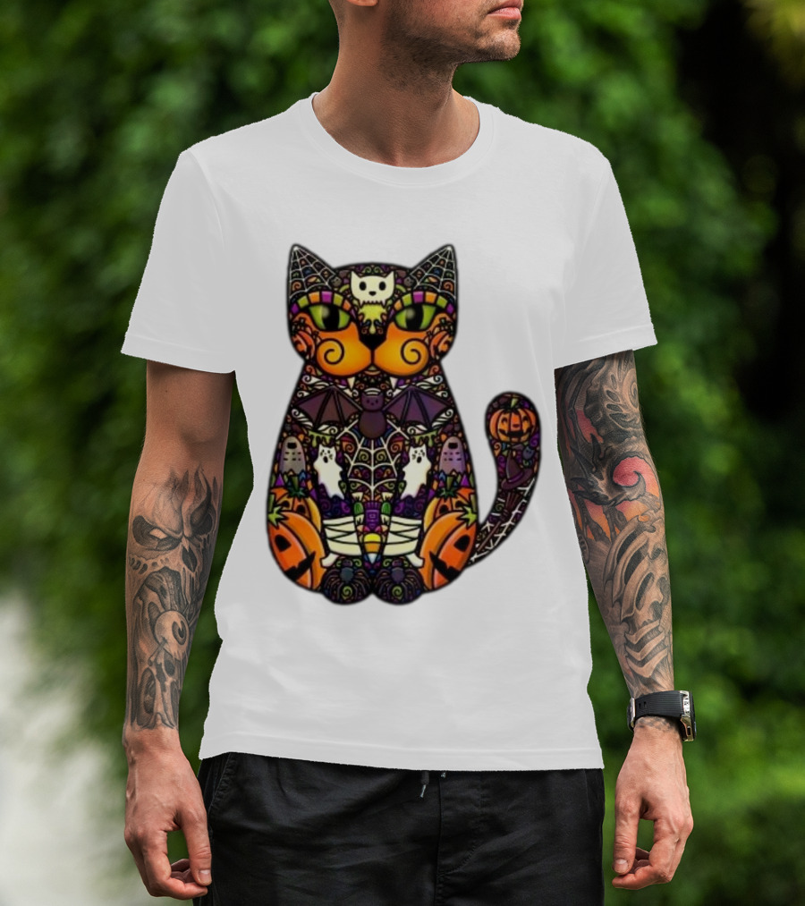 Halloween Cat With Pumpkins Ghosts And Bats T-Shirt