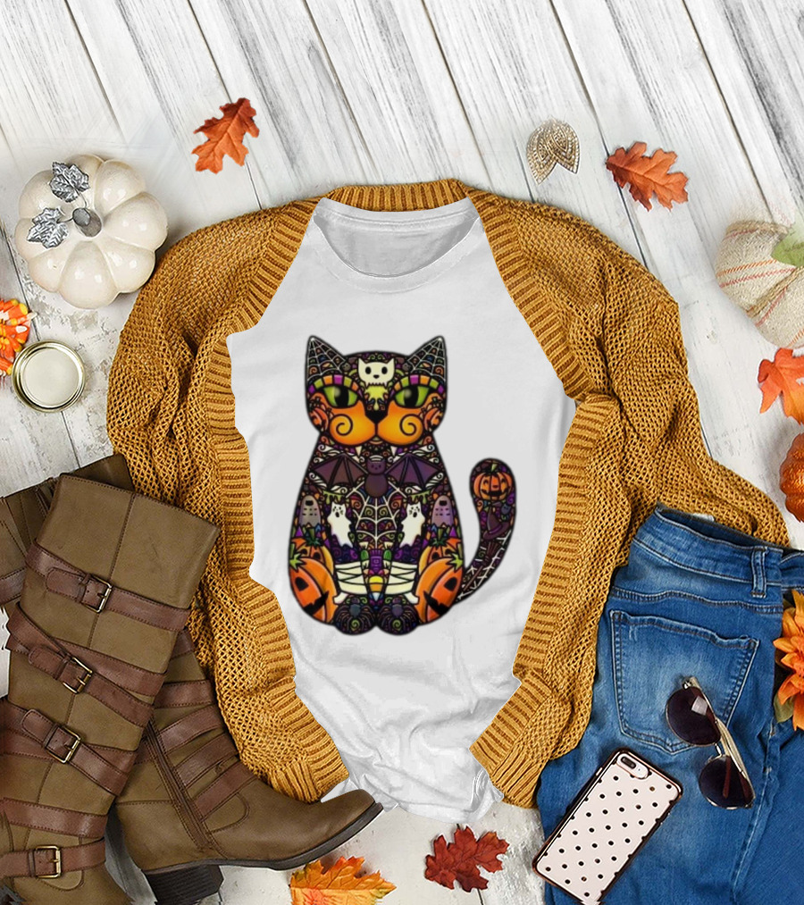 Halloween Cat with Pumpkins Ghosts and Bats T-Shirt