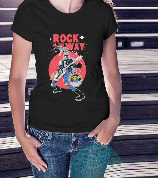 Rock Is The Way Din Djarin And Grogu Playing Guitar In Front Of Red Moon T-Shirt