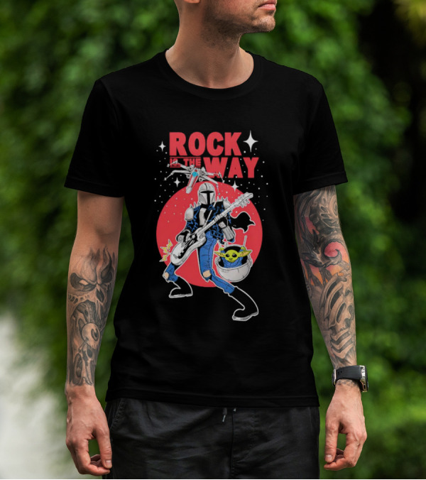Rock Is The Way Din Djarin And Grogu Playing Guitar In Front Of Red Moon T-Shirt