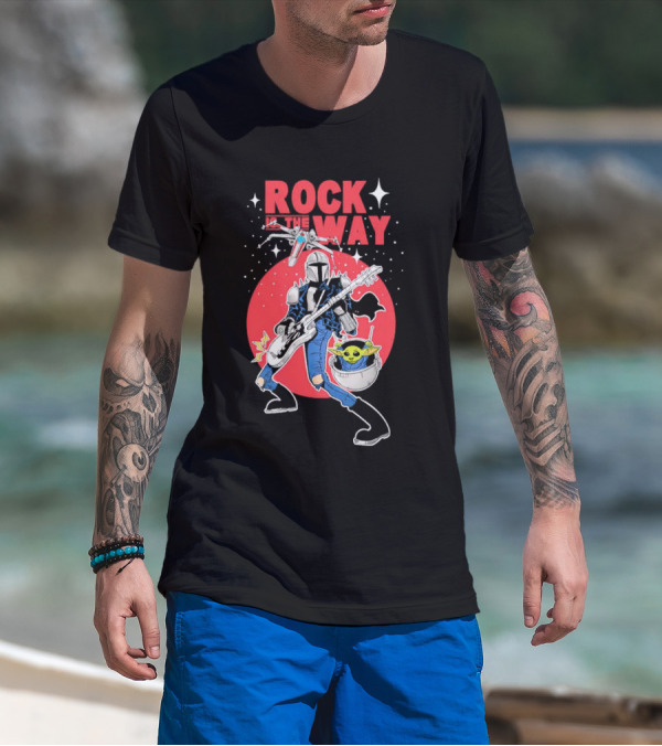 Rock Is The Way Din Djarin And Grogu Playing Guitar In Front Of Red Moon T-Shirt