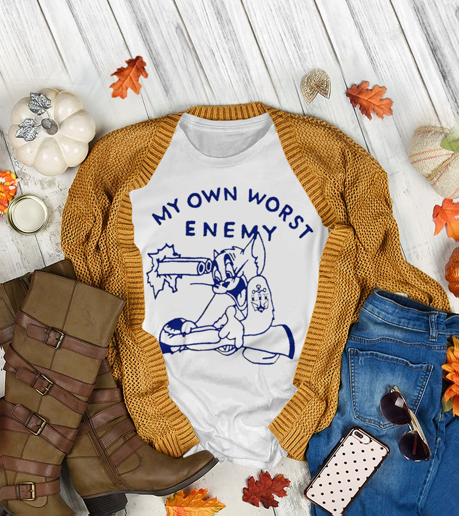 My Own Worst Enemy Cartoon Character with Gun Blowing Up T-Shirt