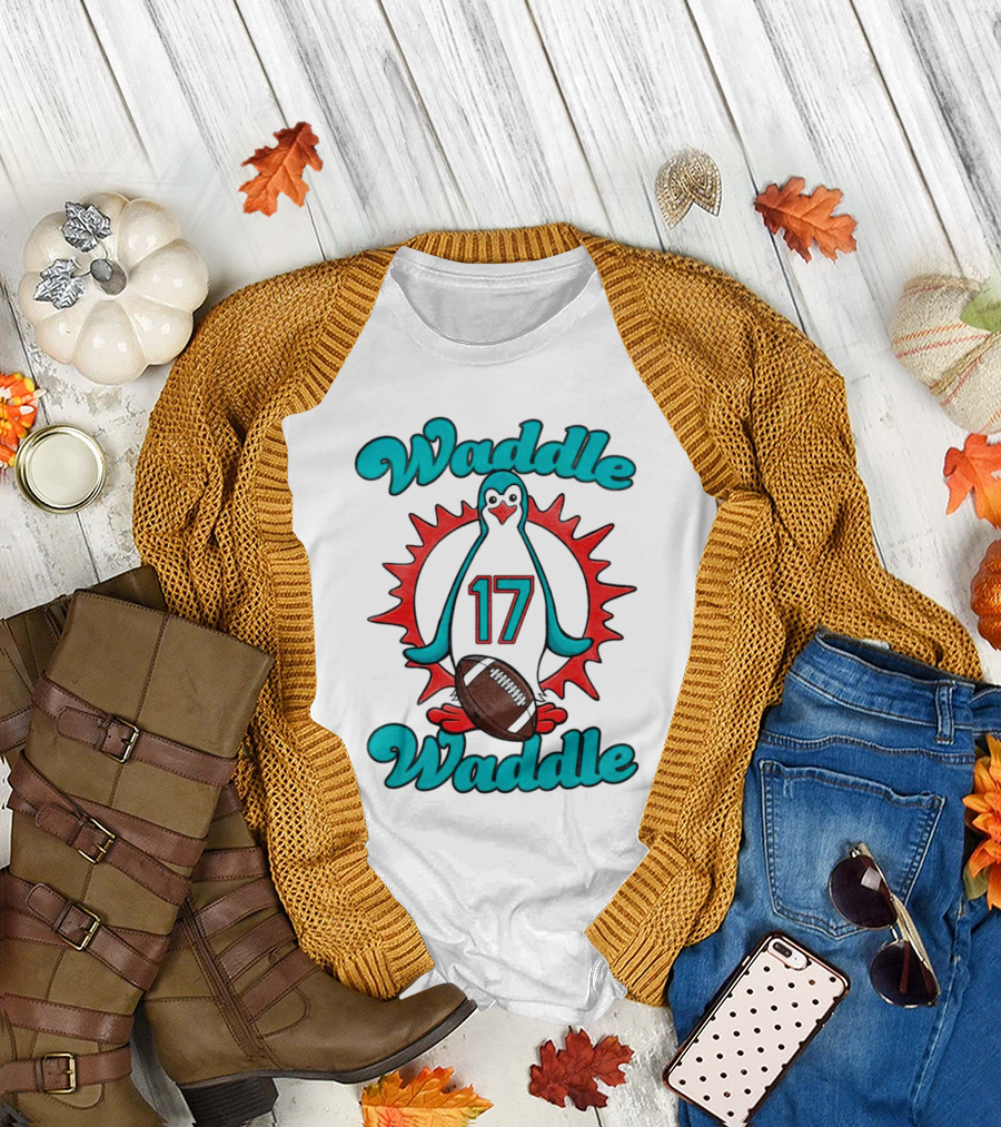 Waddle Waddle 17 Miami Dolphin Football Penguin T-Shirt