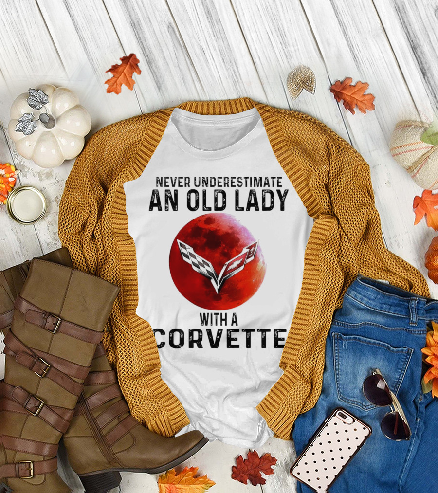 Never Underestimate an Old Lady with a Corvette Red Moon Corvette Emblem T-Shirt