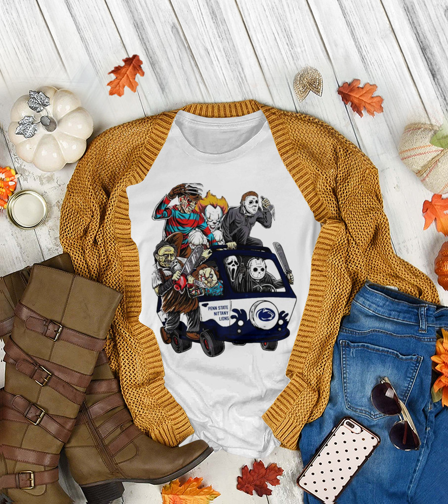 Penn State Nittany Lions Horror Movie Characters Halloween Bus T-Shirt