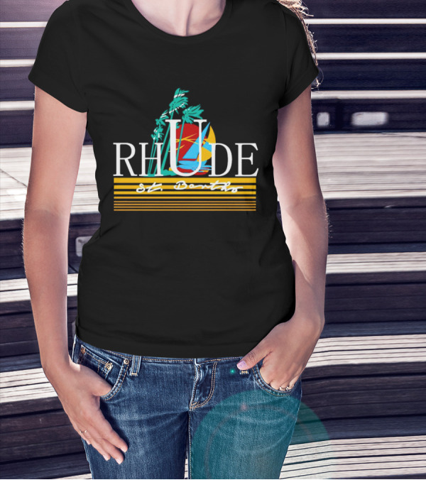 Rhude St Barths Vibrant Tropical Sailboat And Palm Trees T-Shirt