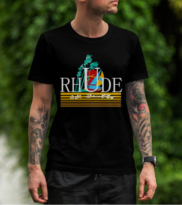 Rhude St Barths Vibrant Tropical Sailboat And Palm Trees T-Shirt