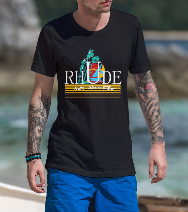 Rhude St Barths Vibrant Tropical Sailboat And Palm Trees T-Shirt
