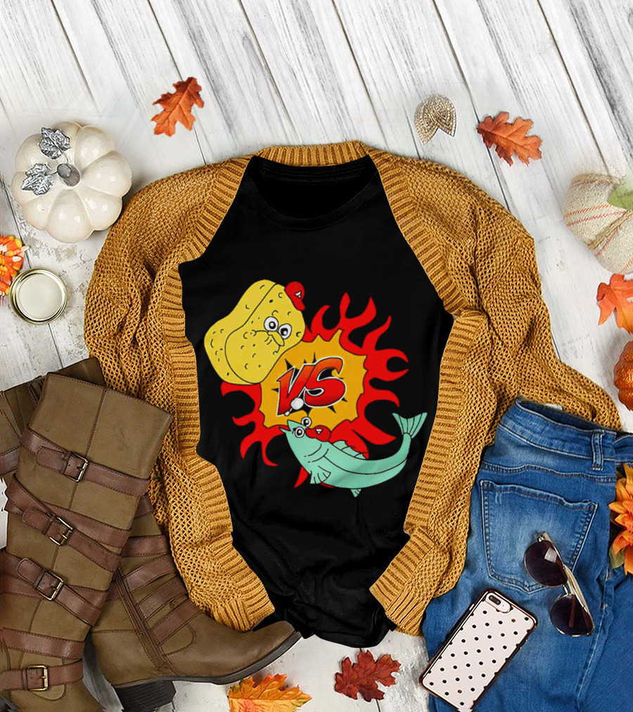 Sponge vs Fish Cartoon Showdown with Flames T-Shirt