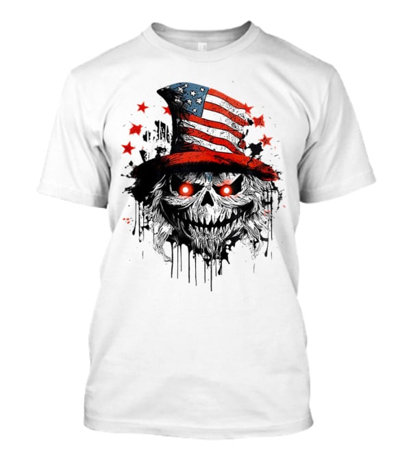 Creepy Uncle Sam Skeleton Skull Hat Dripping Red Eyes Halloween T-Shirt